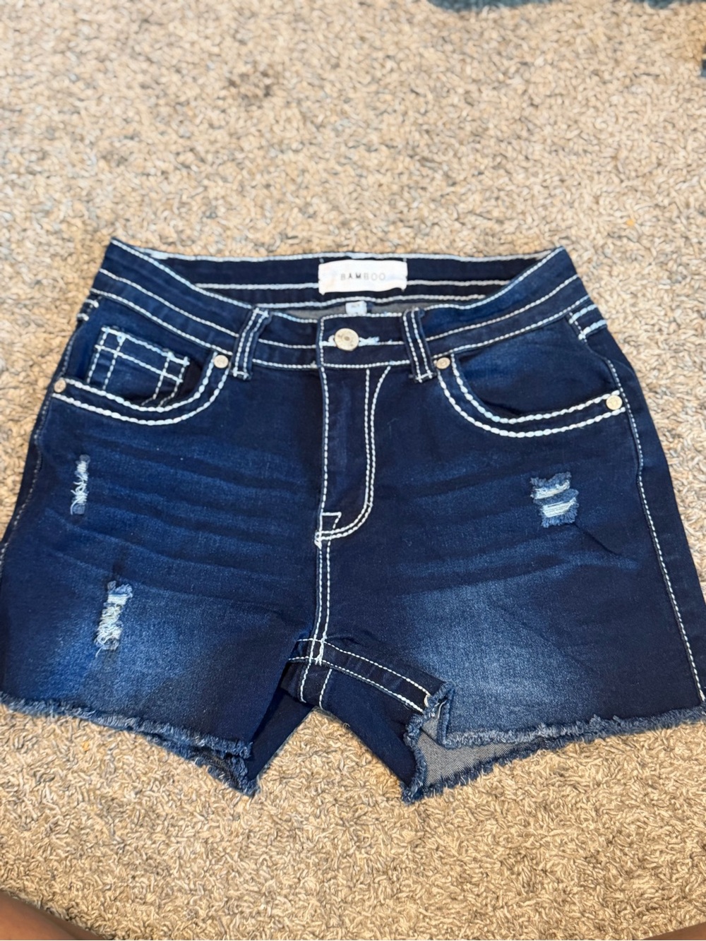 Bamboo Dark Wash Distressed Denim Shorts Contrast Stitch Size 7